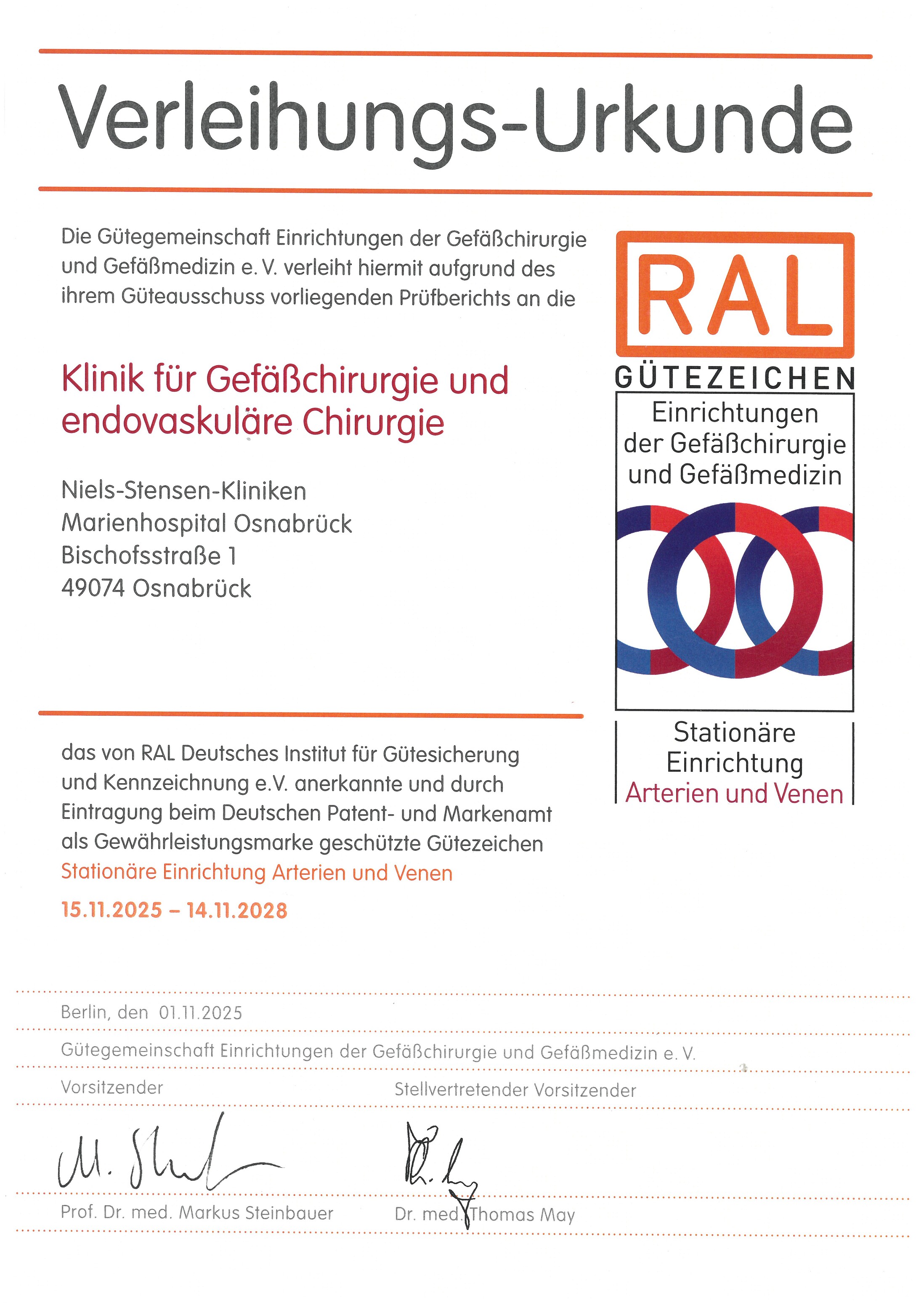 Zertifikat zur Re-Zertifizierung nach RAL Gütezeichen 908 - Arterien_Venen