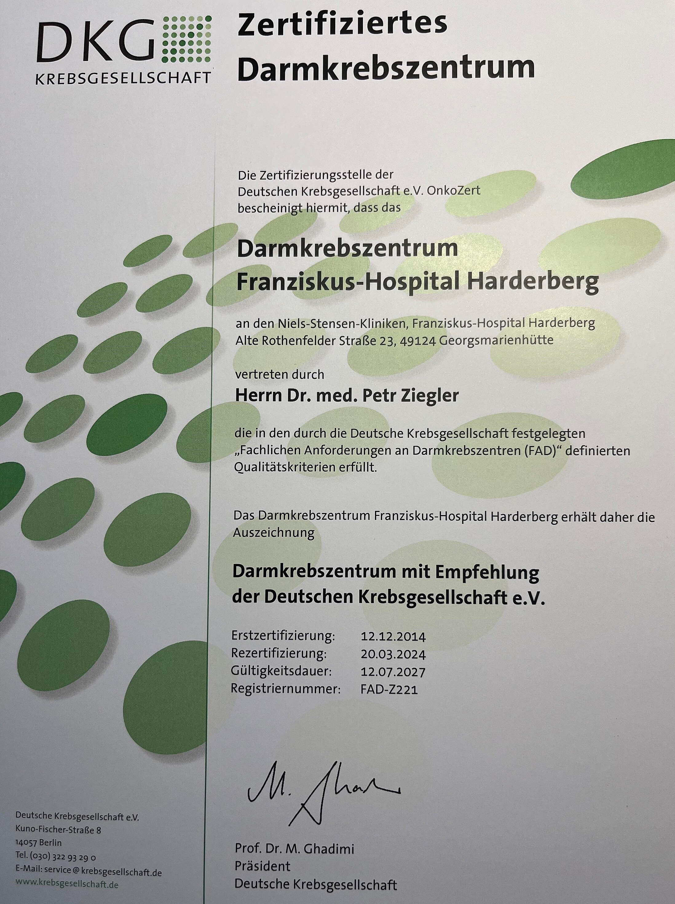 Auszeichnung "Darmkrebszentrum mit Empfehlung der Deutschen Krebsgesellschaft e.V."