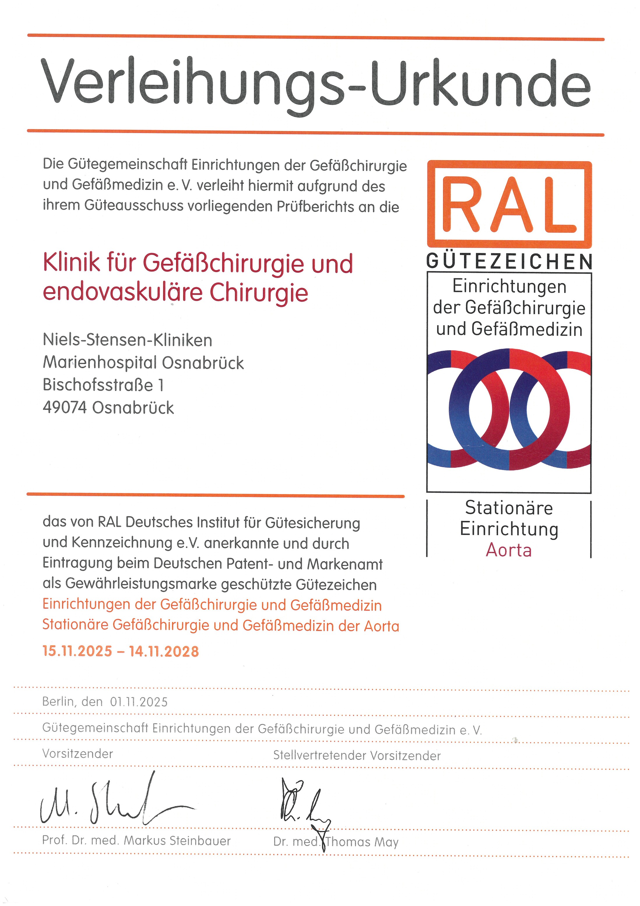 Zertifikat zur Re-Zertifizierung nach RAL Gütezeichen 908 - Aorta