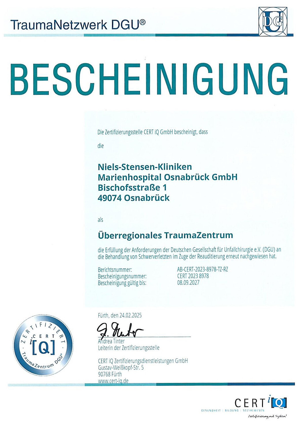 Zertifikat Traumanetzwerk 2027