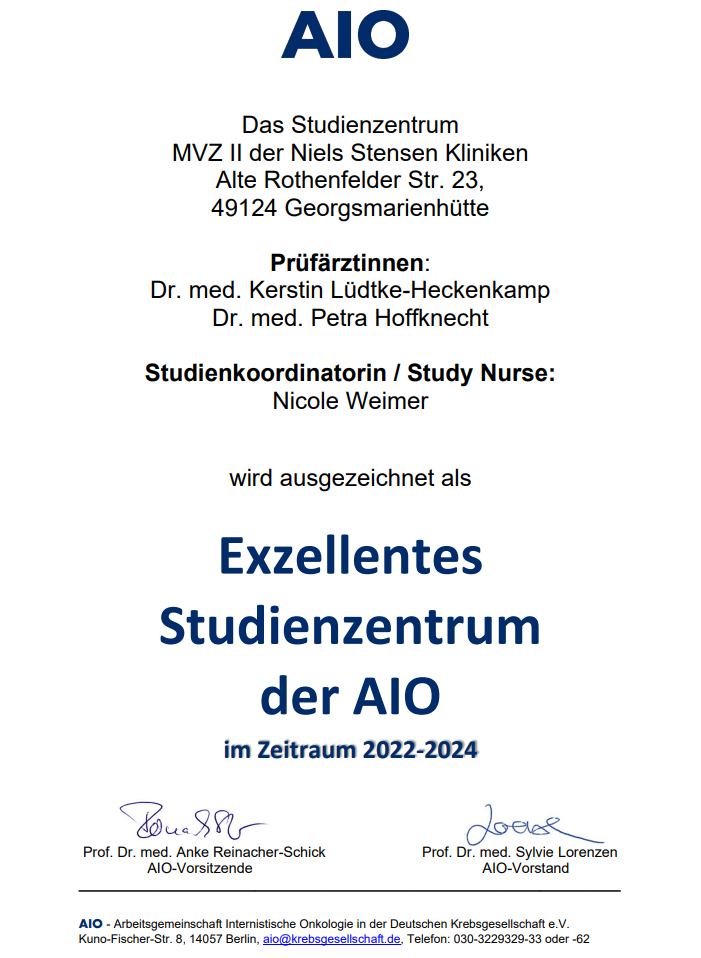 Bild zeigt Zertifikat Exzellentes Studienzentrum der AIO